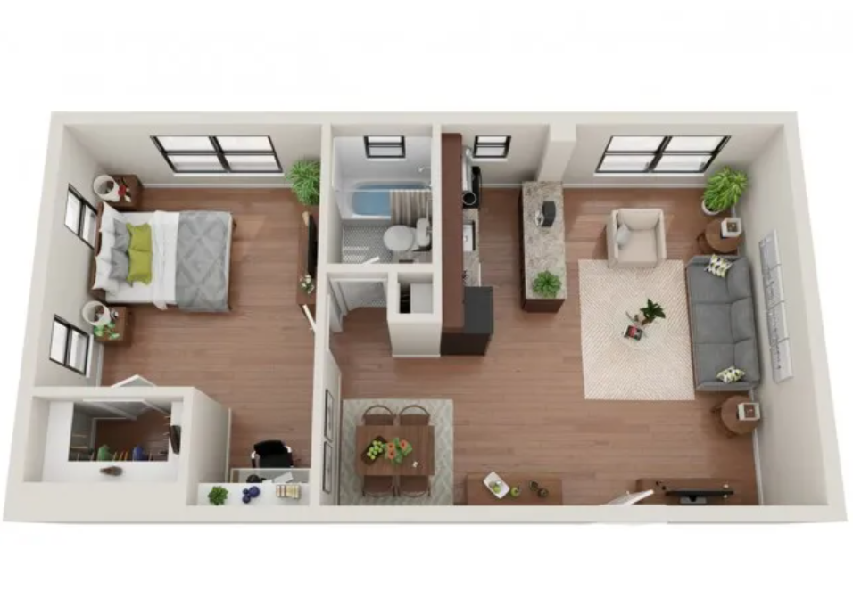 Floor plan for 1 bed, 1 bath, 587 sqft